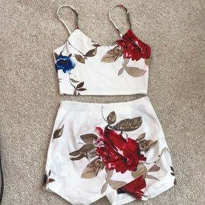 White Floral Two Piece Crop Top Skort Set